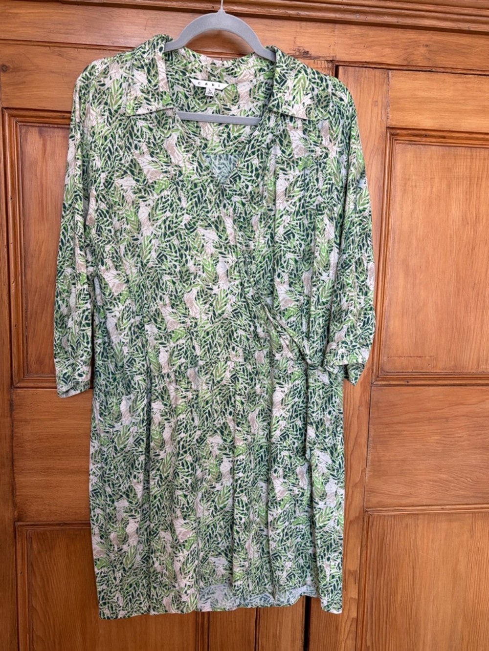 CAbi Green and White Leaf-Print Midi Wrap Dress